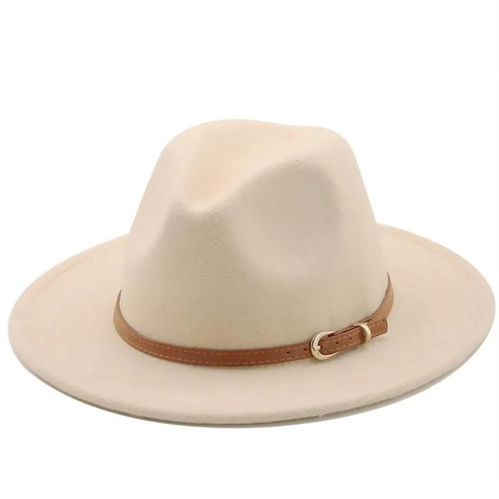 Breda randen hattar 56-60 cm White Blackwide fedora hatt kvinnor män imitation ull filt med metall kedja dekor panama jazz chapeau2343
