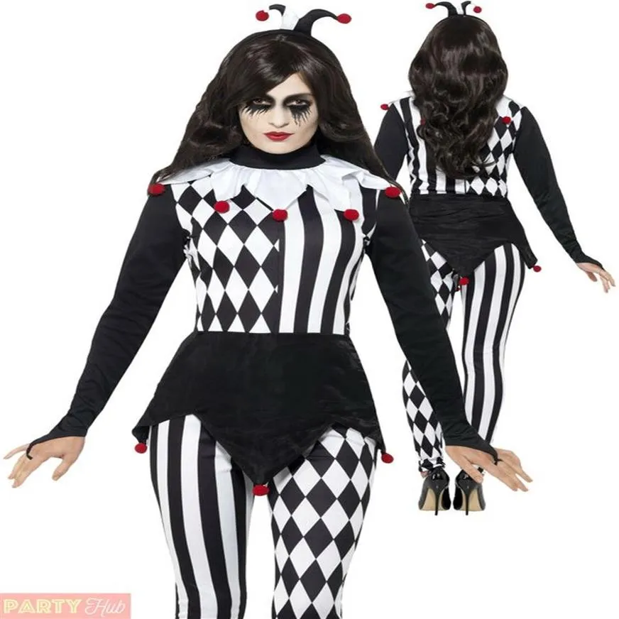 Ladies Jester Halloween Costume Adults Harlequin Clown Fancy Dress