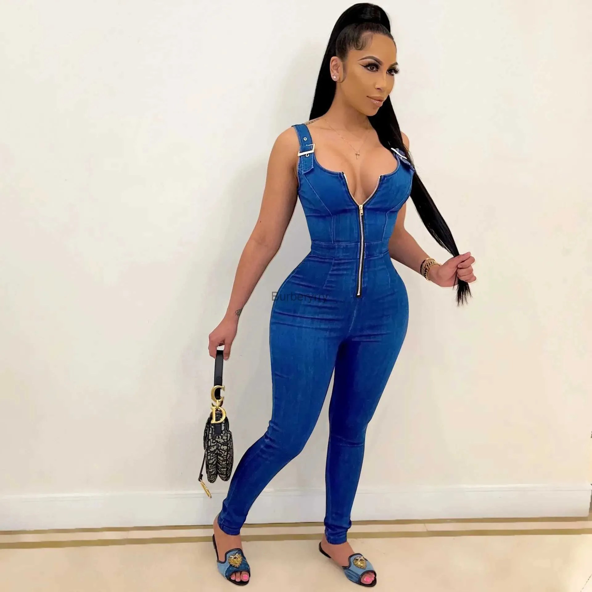 Women's Jumpsuits Rompers Fake Denim Women's Skinny Zipper Up Rompers Fashion Sleeveless Party Pencil Jumpsuit Bodycon Active One Piece Overalls for womenL231005