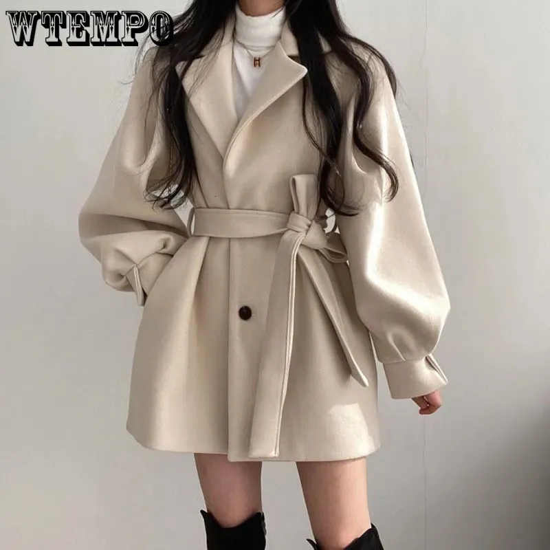 Womens Wool Blends Mid Length Topcoat Blazer Collar Woolen Coat Women Belted Winter Jacket Niche Vintage Loose Fashion Overcoat Solid Trench Coats 230928