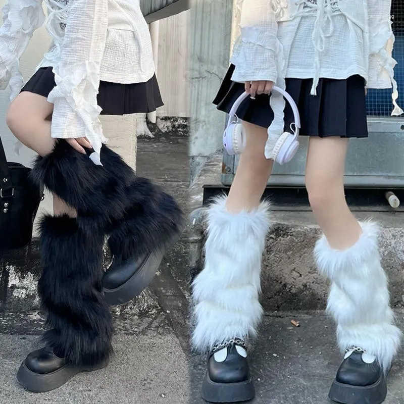Women Socks Faux Fur Y2K Goth White Black Furry Fashion Punk Boot Covers Girls Lolita Jk Knee-length Warm Sock