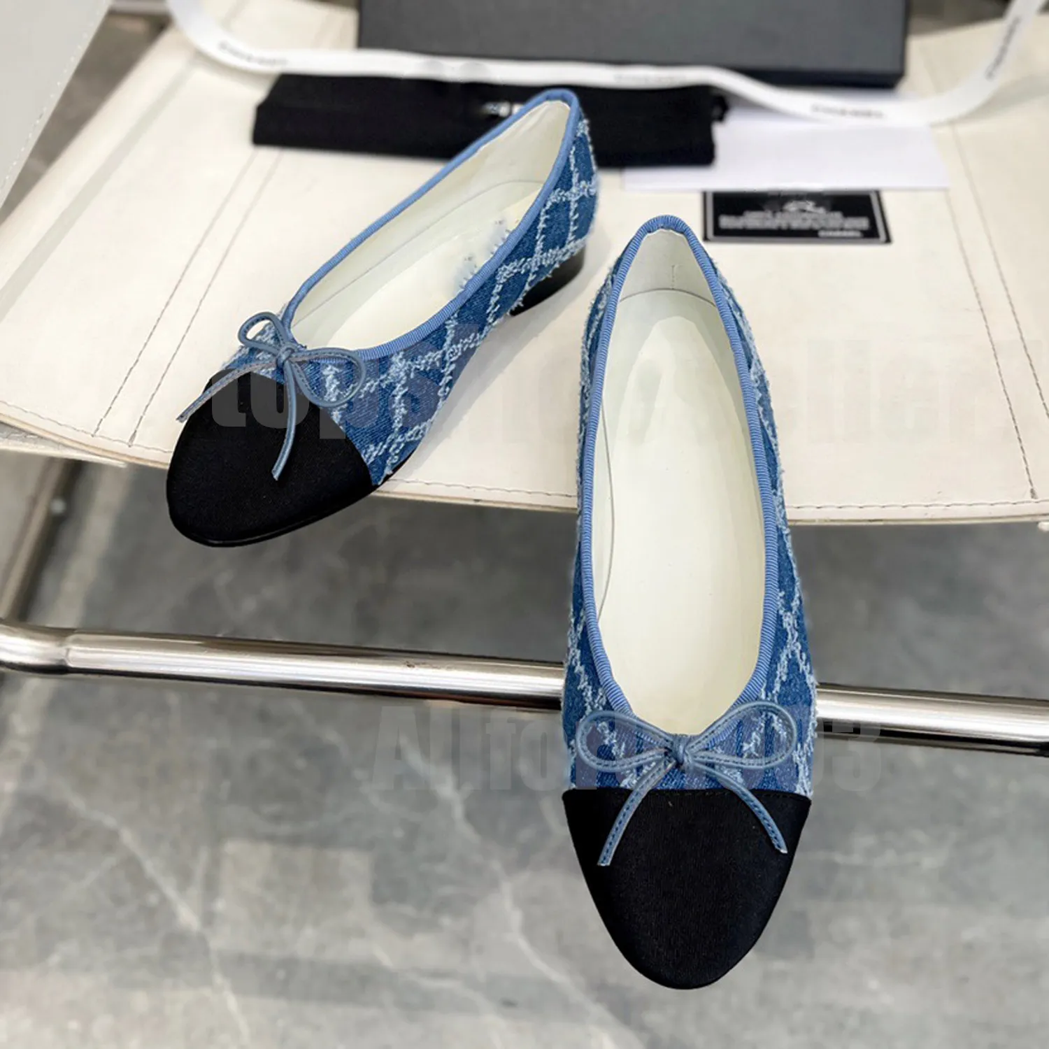Women s Classic Ballet Flats with Bow Denim Design Open Toe PVC Slip on Shoes for Spring Fall Italy Made