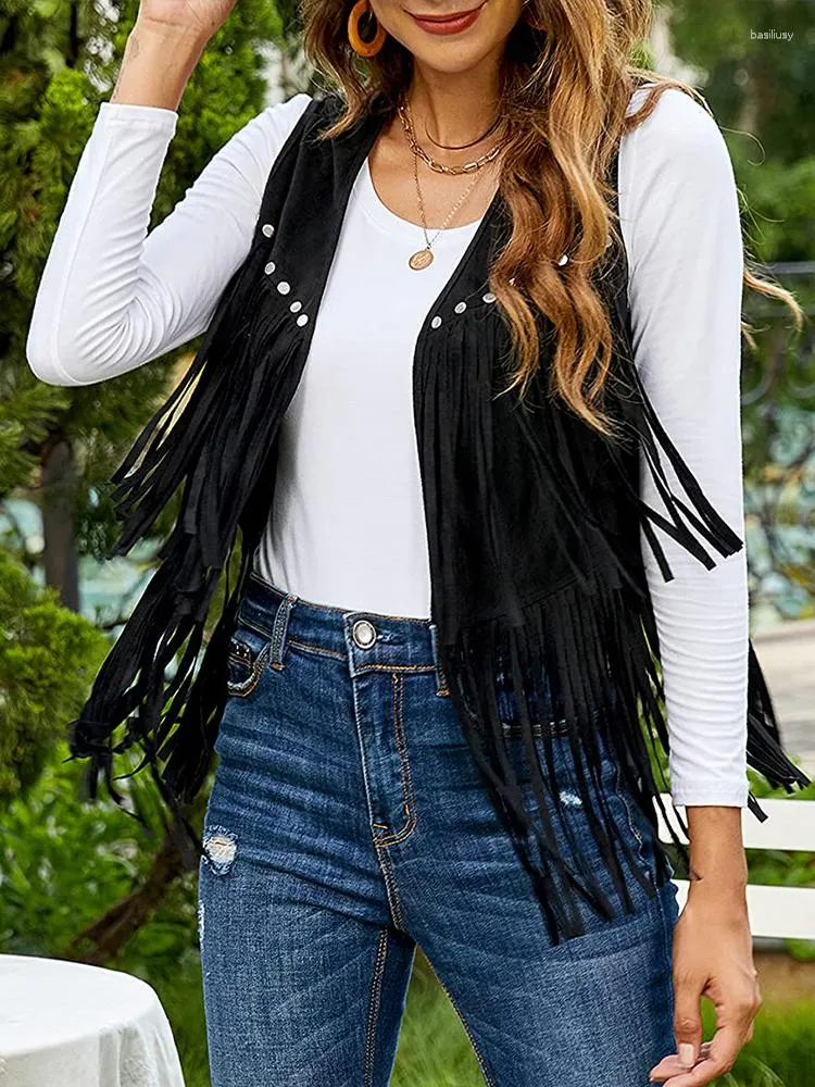 Kadın Yelekler Vintage Fringed Yelek Kadınlar Sonbahar Günlük Kolsuz Süet Süet Yelek Kadın Moda Moda Düz Renk Açık Ön Perçinler Ceket