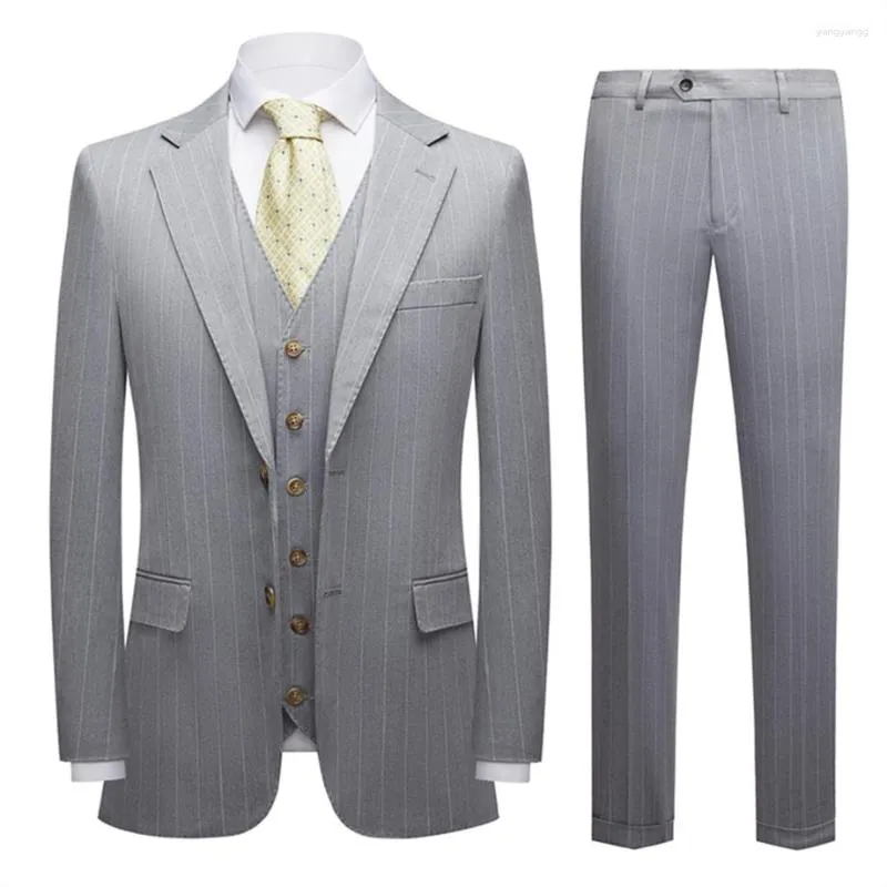 Abiti da uomo Plyesxale Grigio chiaro Uomo a righe tre pezzi Veste Homme Luxe Mariage Matrimonio per uomo Abito formale da lavoro Q1458