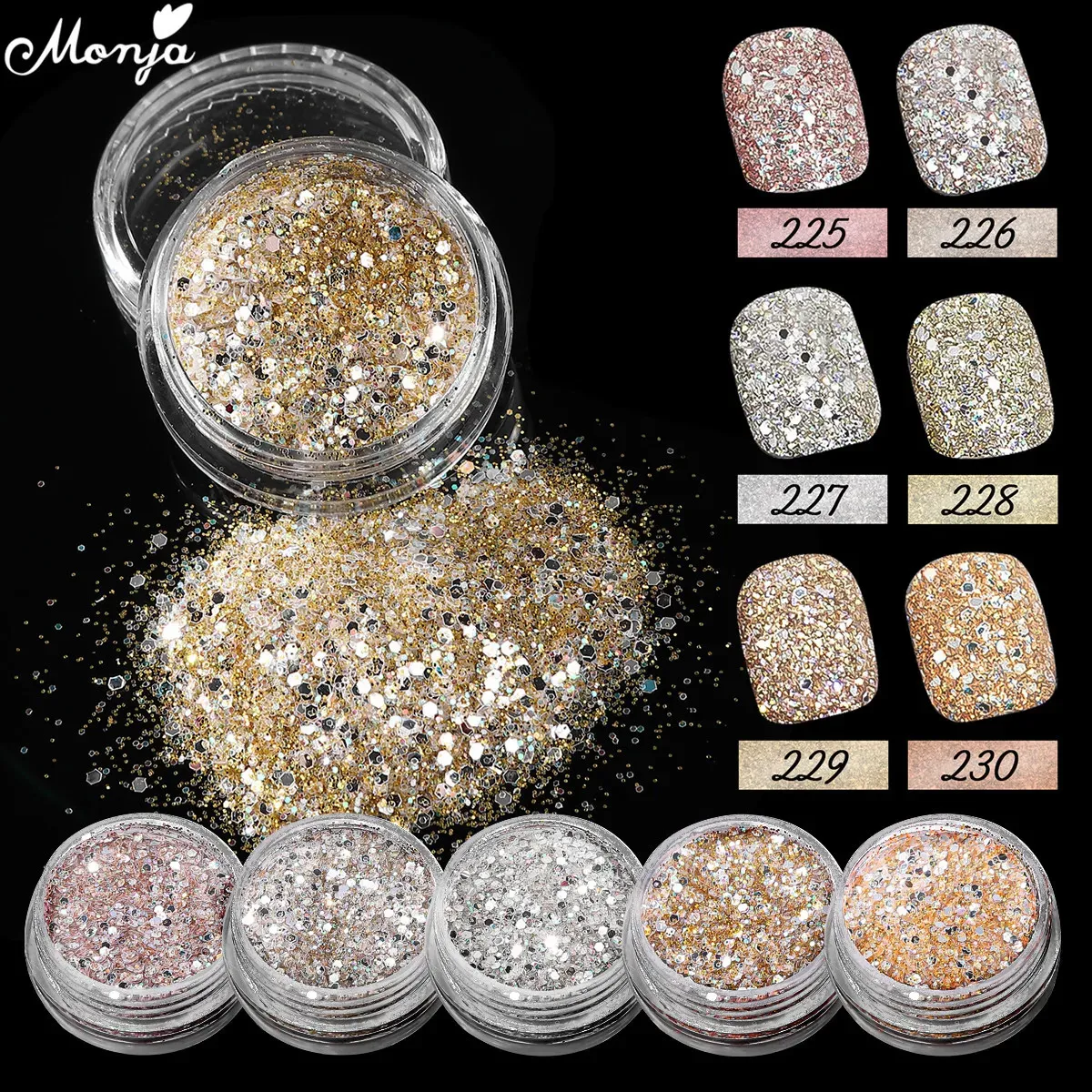 Akryl Powders Liquids Monja 6 Colors Glitter Nail paljetter Ultra-tunn hexagonflingor Luxury Golden Holographic Pigment Powder Diy Manicure Decorations 231005