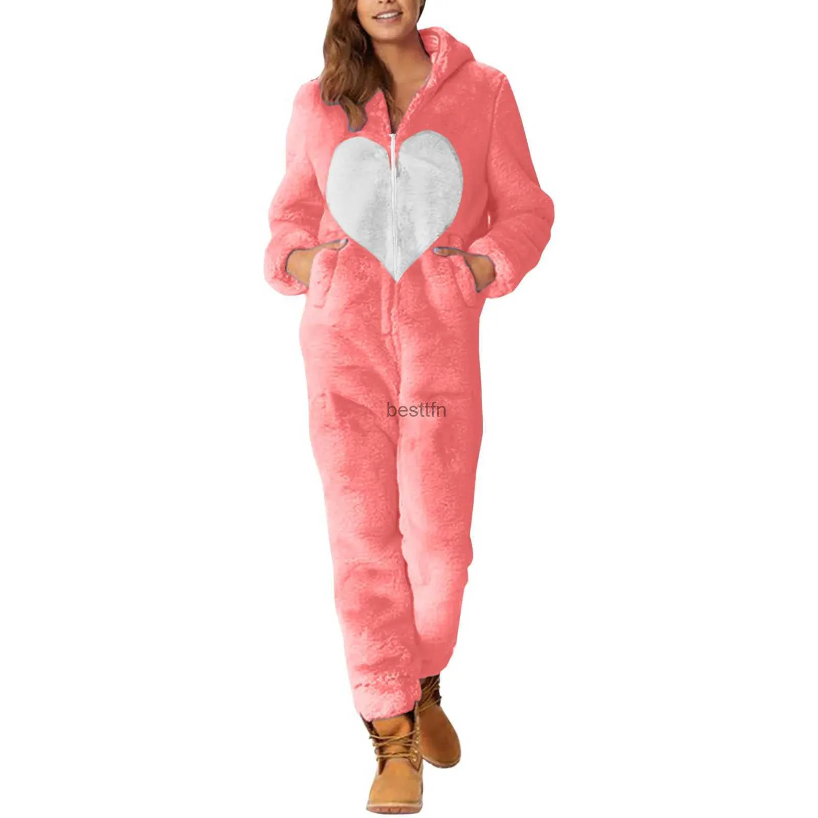 Women's Sleep Lounge S-5XL Coral Fleece Warm Womens One-Piece Pajamas Ladies Heart Printed Loose Hooded Jumpsuit Sleepwear Female Winter HomewearL231005