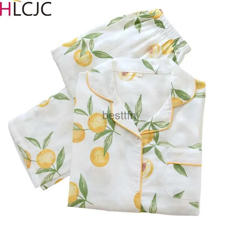 Femmes sommeil salon dames printemps automne nouveau pyjama ensemble jaune pêche imprimé femmes gaze coton vêtements de nuit doux mince vêtements de maison pyjamas pour femmes L231005