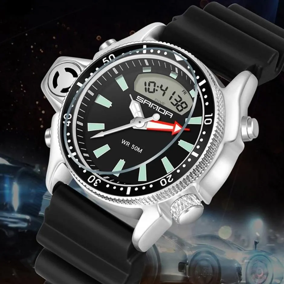 Наручные часы SANDA, модные спортивные мужские часы, кварцевые наручные часы для дайвера, 50 м, водонепроницаемые, военные, цифровые, светящиеся, мужские часы, Relogi312E, 2021