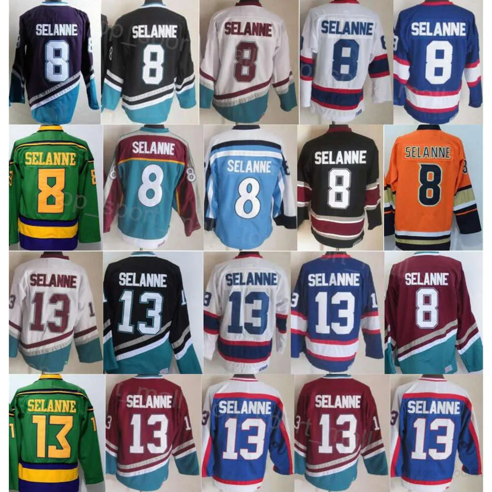 Uomo Retro Hockey 8 Teemu Selanne Maglie Vintage Classic Mighty Viola Bianco Nero Blu Rosso Verde Arancione Retire Team Colore Ricamo Traspirante per gli appassionati di sport