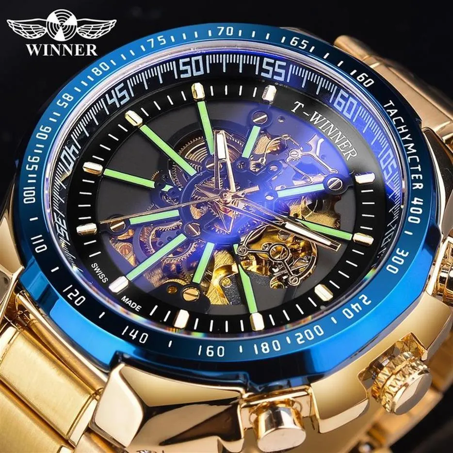 Vinnare Blue Light Glass New Fashion Mens Watches Black Golden Stainless Steel Waterproof Sport Automatisk klocka Lysande Clock267R