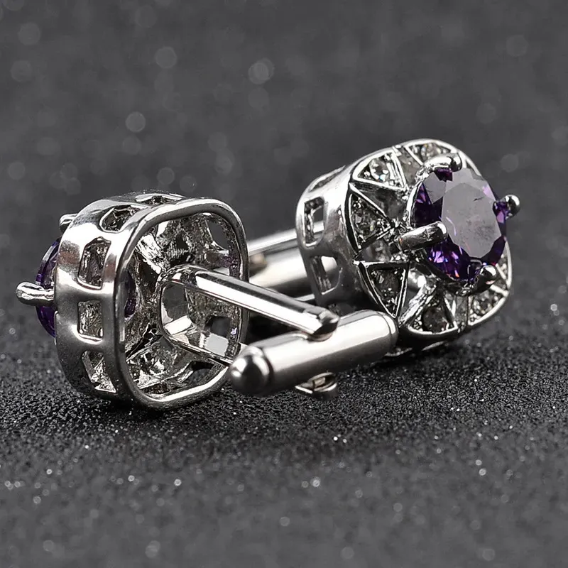 Abotoaduras Luxo Masculino Branco Roxo Esmalte Cristal Zircon Abotoaduras Rodada Festa de Casamento Cufflink Camisa Francesa Cuff Botões Jóias Presentes 231005