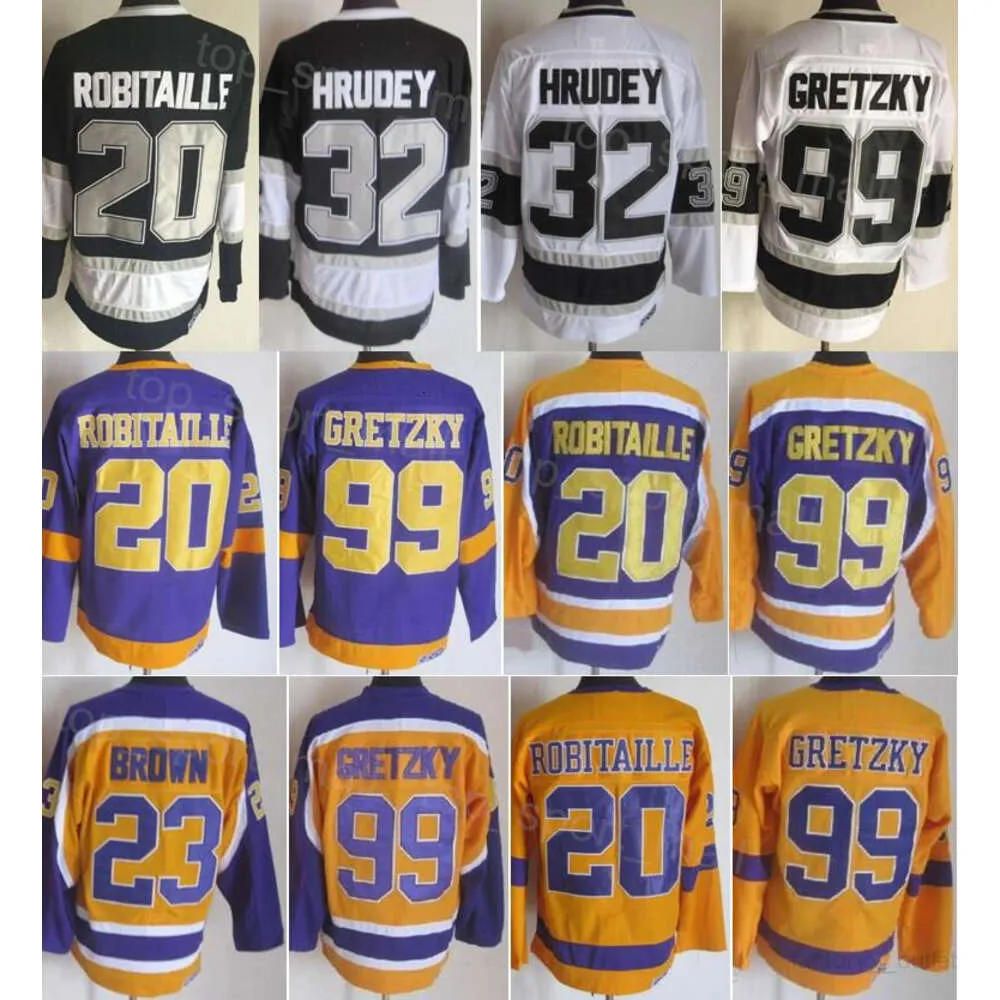 Männer Retro Hockey 23 Dustin Brown Trikots Vintage Classic 99 Wayne Gretzky 20 Luc Robitaille 32 Kelly Hrudey Ruhestand Alle genäht Schwarz Weiß Gelb Lila Teamfarbe