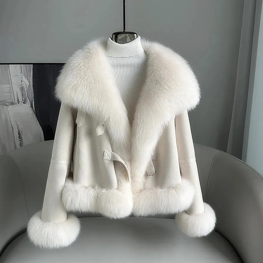 Womens Fur Faux s Autumnwinter Slim Large Collar Coat Goose Down Inner High Quality Warm Fluffy Big Short Suede 230928
