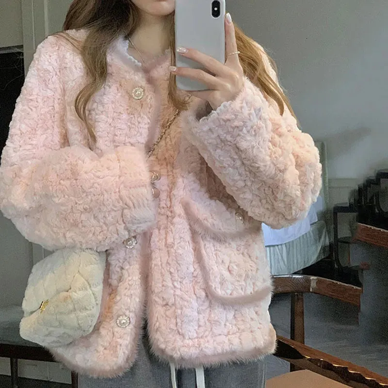 Womens Jackets Lucyever Pink Faux Fur Jacket Women Fashion with Pocket Long Sleeves Lamb Wool Warm Coat Ladies Korean High Street Short Outwear 231005