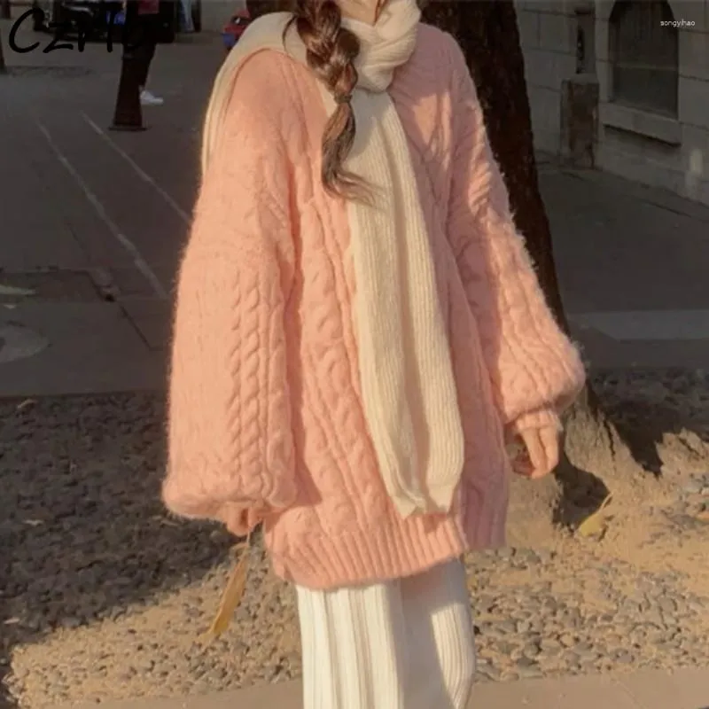 Kadın Sweaters Pembe Baggy Alkowers Kadın Tatlı Estetik Zarif All Maç Sonbahar Giyim Ropa Mujer Saf Güzel Konfor Harajuku