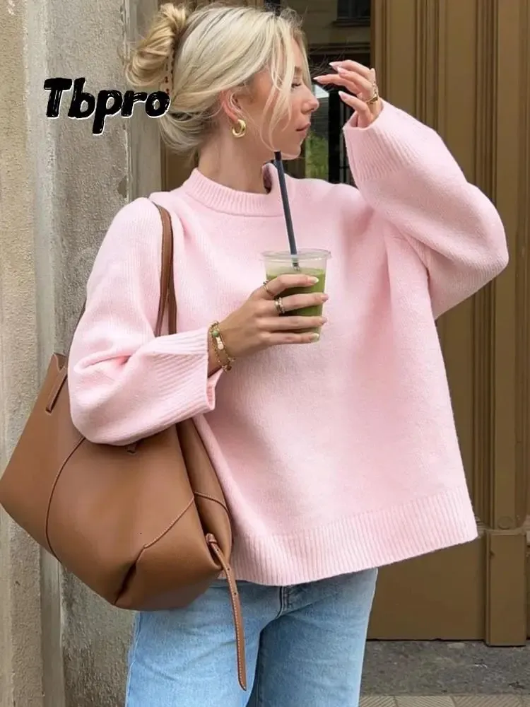 Kvinnors tröjor Fashion Solid lös tröja för kvinnor Elegant Oneck Långärmning Stickad Pullover Top Autumn Female Thick Thick Toops Jumpers 231005