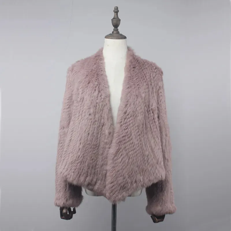 Femmes fourrure Faux réel lapin tricot Cardigan manteau veste naturel fait à la main col irrégulier pardessus tricoté vêtements d'extérieur gilet 231005