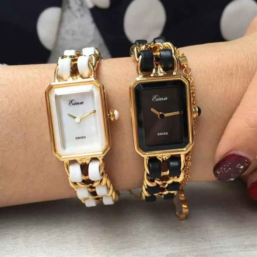 Nieuwe collectie gouden horloge vrouwen jurk luxe roestvrijstalen ketting met lederen mode dame armband quartz horloges223m