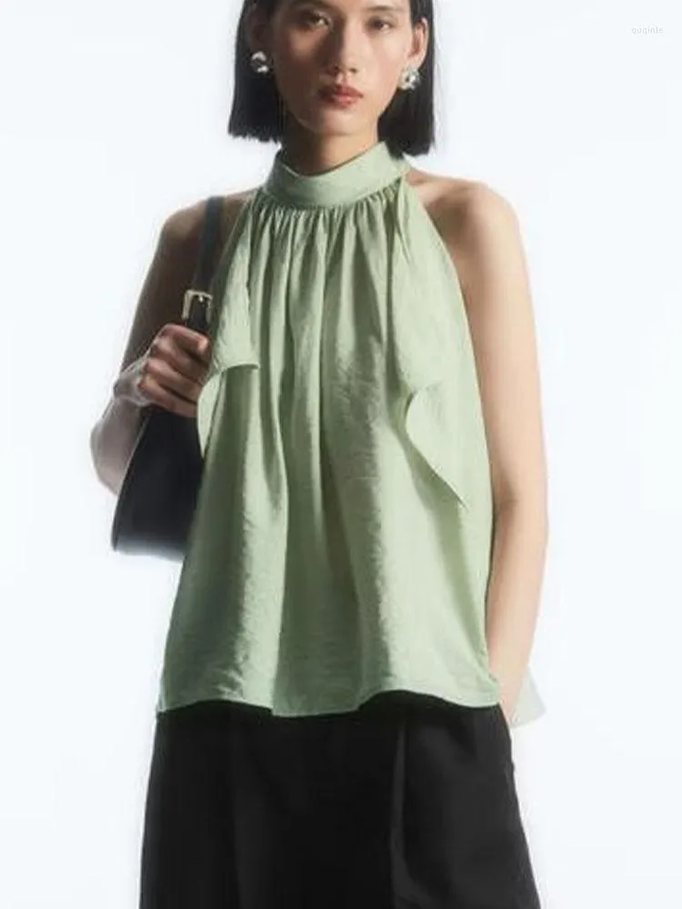 Kvinnors tankar 2023 Sommarkläder Högkvalitativ pendling Fashion Standard version Halter Neck Pleated Layered Sleeveless Vest Top