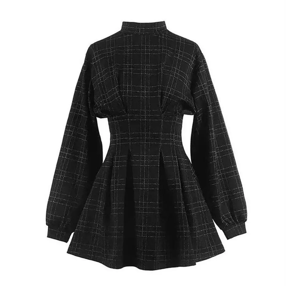 2021 Spring Women Vintage Mini Dress Long Sleeve Plaid A-fodrad punkstil Gotiska klänningar för Goth Girls Female Retro High midja 21267N