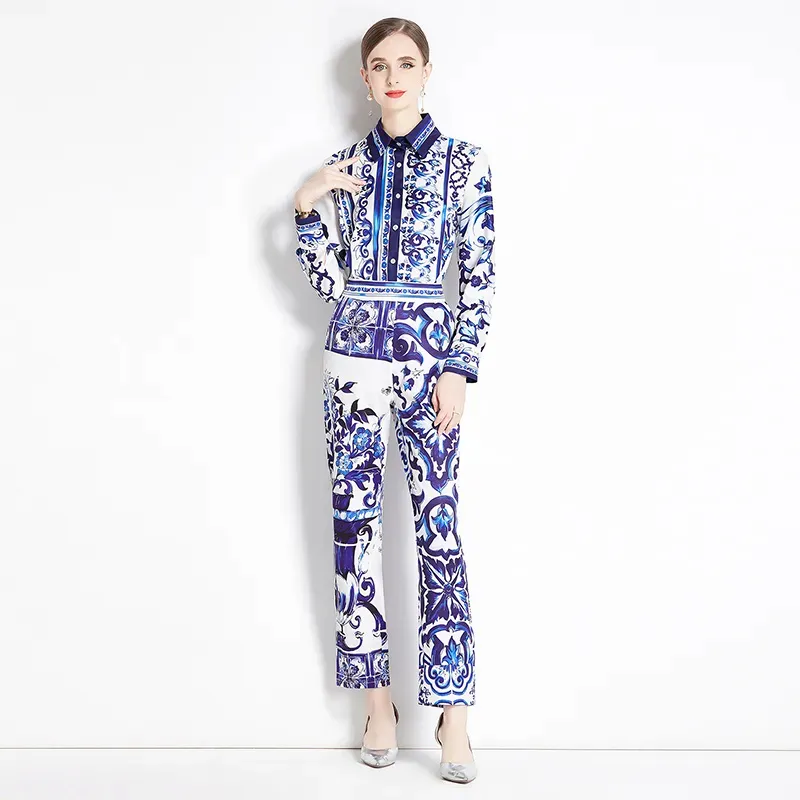 Two Piece Dress Runway Blue And White Porcelain Set Women