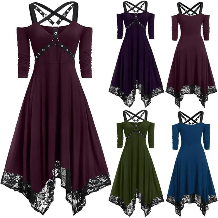 Robes décontractées Robe gothique Femmes Noir Goth Off Épaule Dentelle Patchwork Punk Rock Cross Strap Plus Taille Sexy Vintage Midi289n