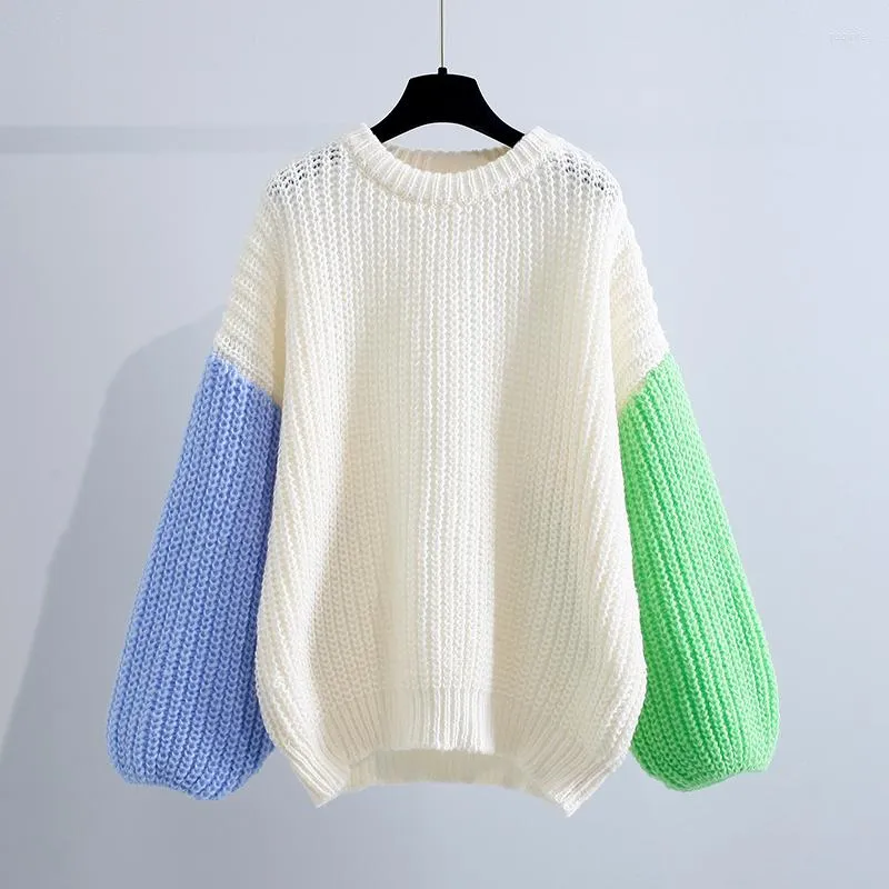 Women's Sweaters Patchwork Knitted Women Sweater Pullovers Winter Vintage 2023 O-Neck Coarse Yarn Lantern Sleeved Thicken Warm Female Pulls