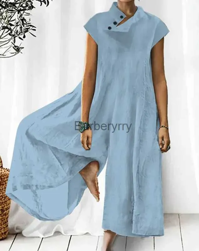 Kobiety Jumpsuits Rompers Kobiet kombinezonu stały kolor stojak na przycisk sprężynowy lato Lato Lose Sleeve luźne szerokie nogi kombinezon swobodny elegancki fe rompersl231005