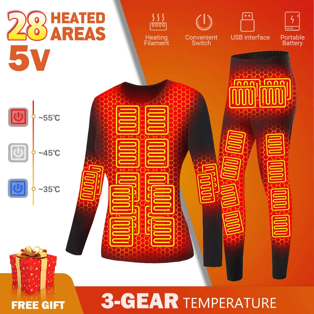 28 Area Winter Thermal Heated Jacket Kvinnor Väst uppvärmda underkläder USB Elektriska värmekläder Mäns skiddräkt Moto Autumn Pants