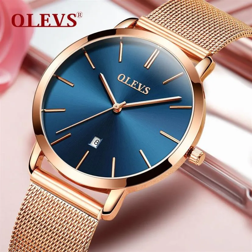 Woman Watch 2018 marka luksusowe kobiety Rose Gold zegarki ze stali nierdzewnej Auto Data Ultra cienki kwarcowy zegarek na nadgarstek Panie Watch Blue Y1288Q