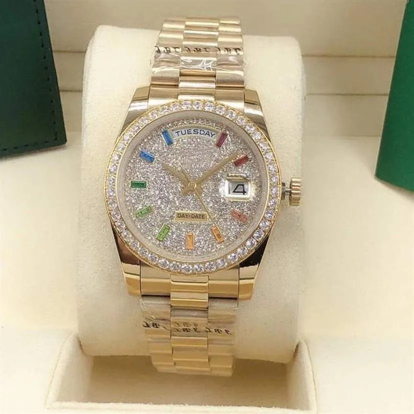 Orologio meccanico automatico da donna 36 mm con lunetta in diamanti, zaffiro, quadrante arcobaleno, punta quadrata, acciaio inossidabile, sconto, impermeabile 302D