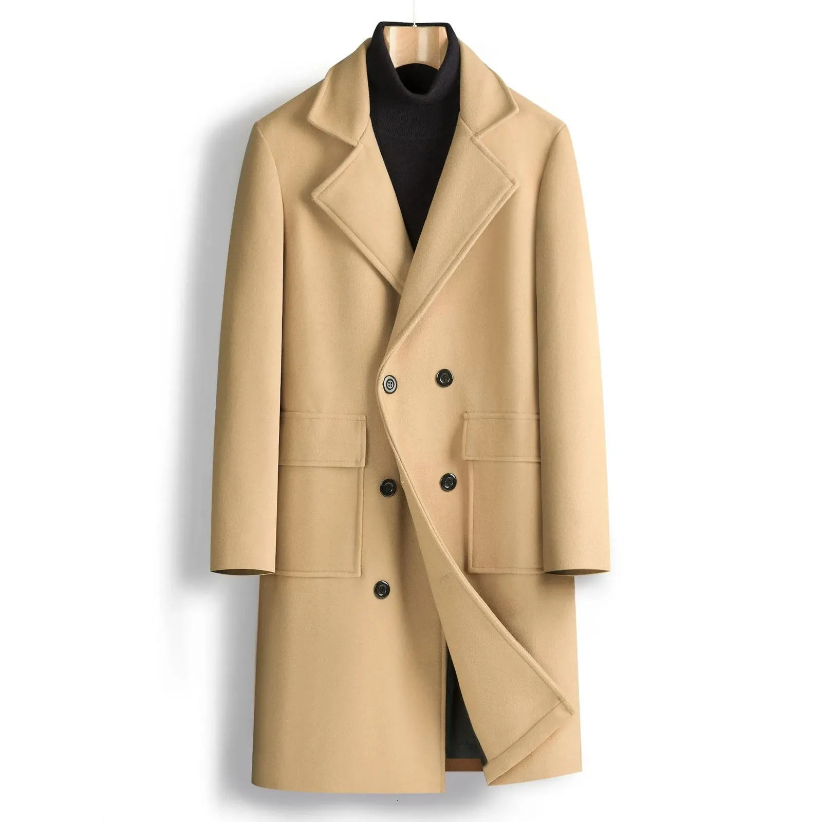 Мужские смеси 2023, повседневное зимнее шерстяное пальто средней длины High Street с отложным воротником, двубортная однотонная куртка с карманом 231005
