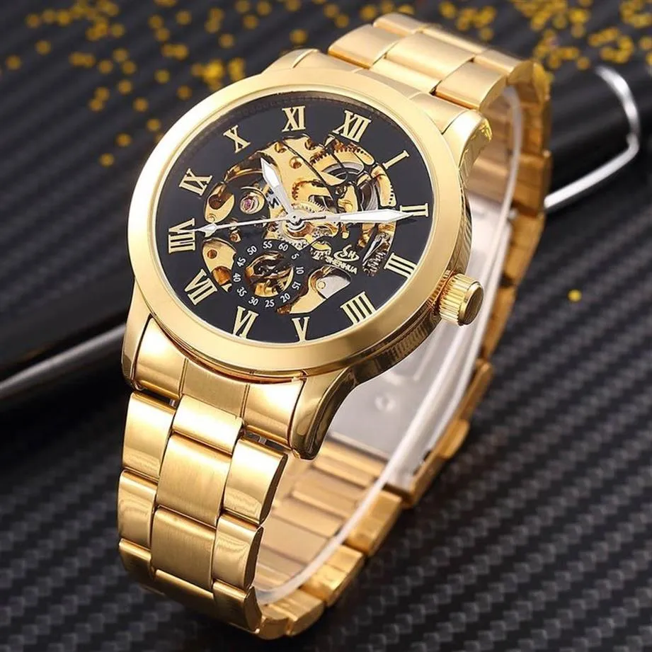 Shenhua Golden Skeleton Automatic Mechanical Watch Men Fashion Waterproof Shockproof Clock Mechanical Watch Men Men Watches Y190622488