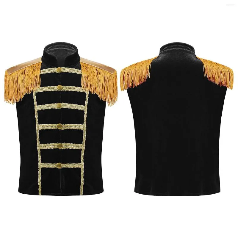 Jackets Kids Halloween Circus Showman Military Drummer Costume Sleeveless Gold Fringe Epaulet Vest Waistcoat For Cosplay Performance