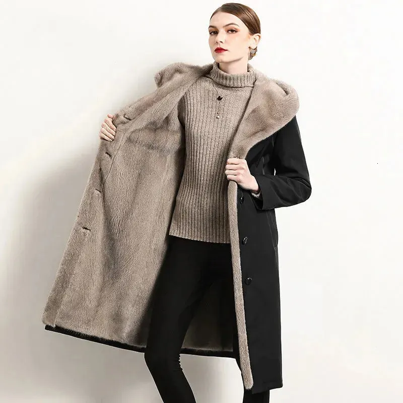 Futra kobiet faux fur imitacja norka norka midi faux fur płak zima plus aksamitne ciepłe sznurka z kapturem szczupła talia damska kurtka parka furta płaszcza 231005