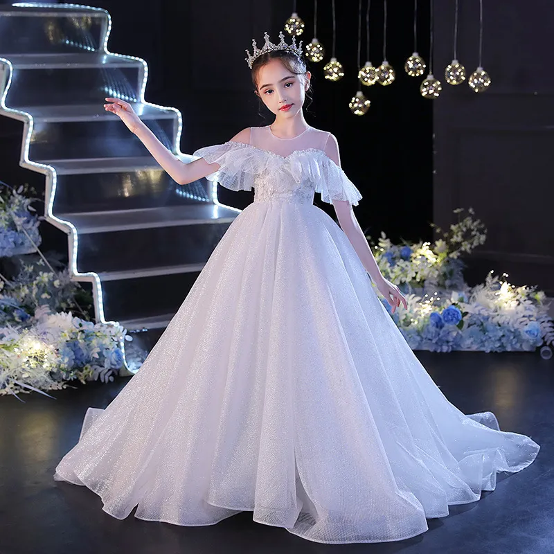 Arabic Floral Flower Ball Gowns Child Pageant Long Train Beautiful Little Kids Birthday Party Christmas Communion Girl Dresses 403