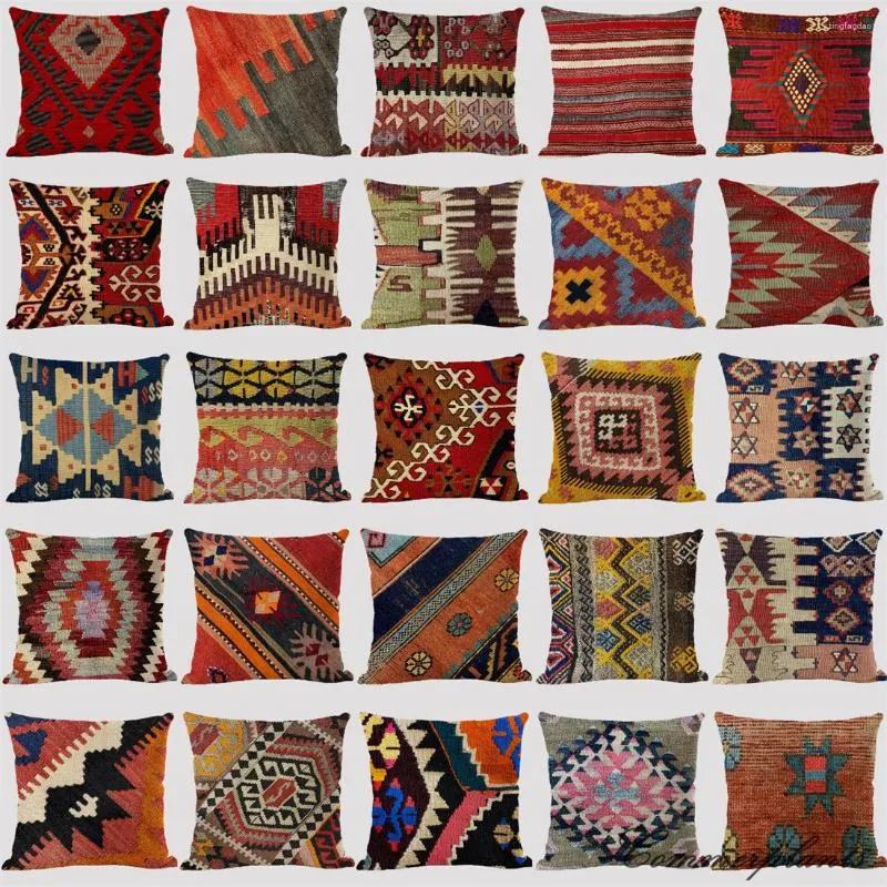 Kussen Boheemse patronen Linnen S-hoes Veelkleurige abstracte etnische geometrie Print Decoratieve kussens Woonkamerbank