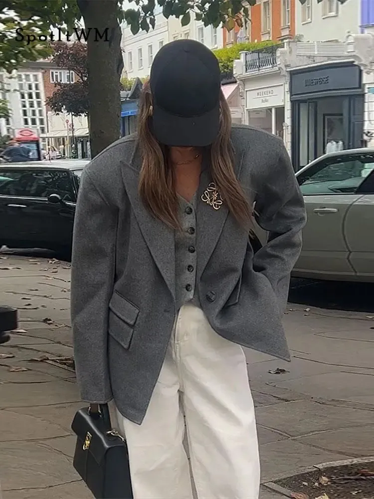 Women Down Parkas moda szara wełniana kurtka płaszcza kobiety ponadwymiarowa klapa luźna guzika z długim rękawem jesienna kobieta ciepła streetwear 231005