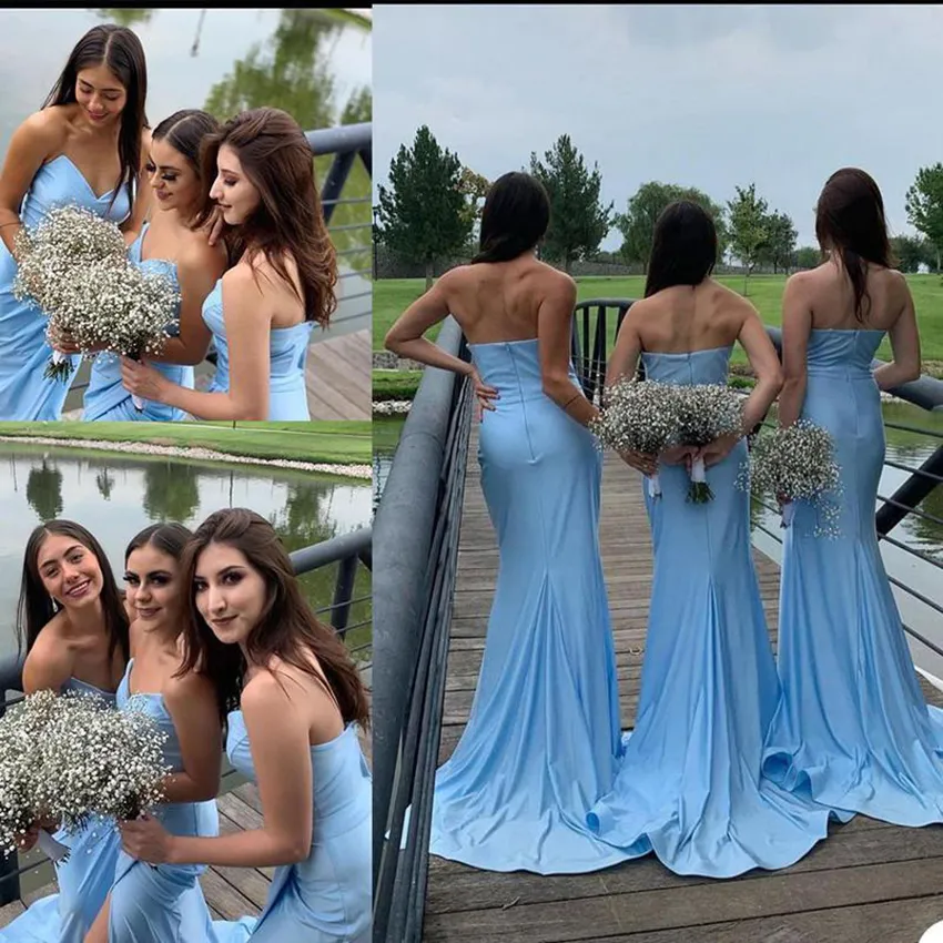 Sky Blue Sukienki druhny szykowne dekolt Ruche pliste boczne szczelina pochwa Kieć pociąg Custom Made Plus Size Maid of Honor sukienka