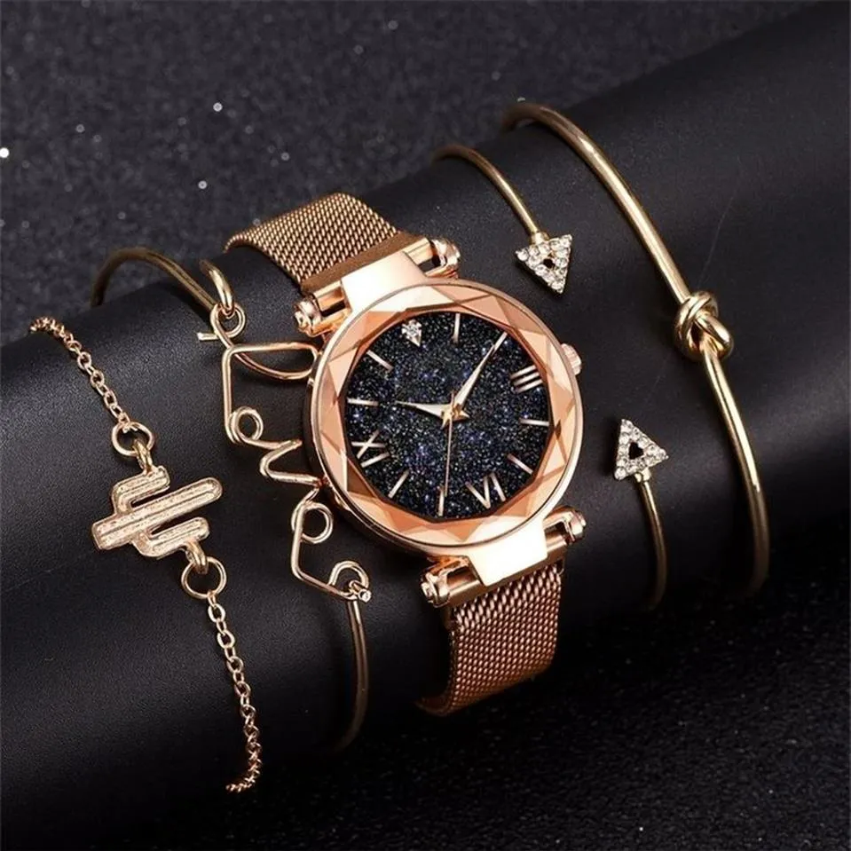 Fashion Bracelet Watches Women 5 Pcs Set Luxury Rose Gold Lady Watches Starry Sky Magnet Buckle Gift Watch for Female 201204268r