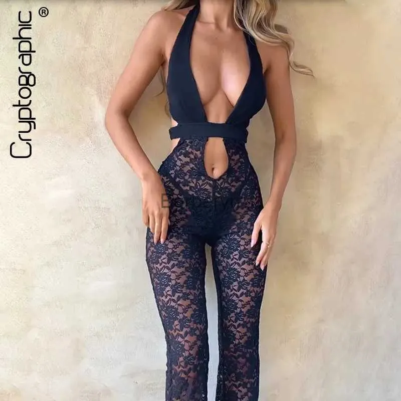 Kadın Tulumları Yükselticiler Kriptografik yular seksi kesim dantel tulumlar moda kıyafetleri tek parça sırtsız bodycon tulum tulumu pantl231005