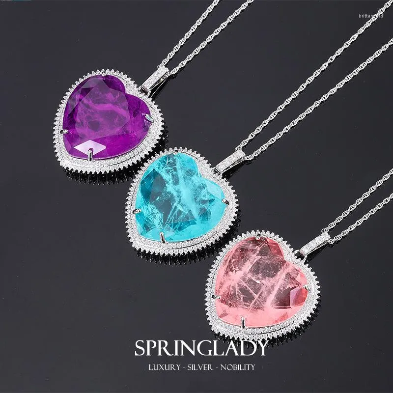 Pendant Necklaces SpringLady Vintage 32 32mm Heart Pink Quartz Amethyst Paraiba Tourmaline Necklace For Women Gemstone Fine Jewel Gift