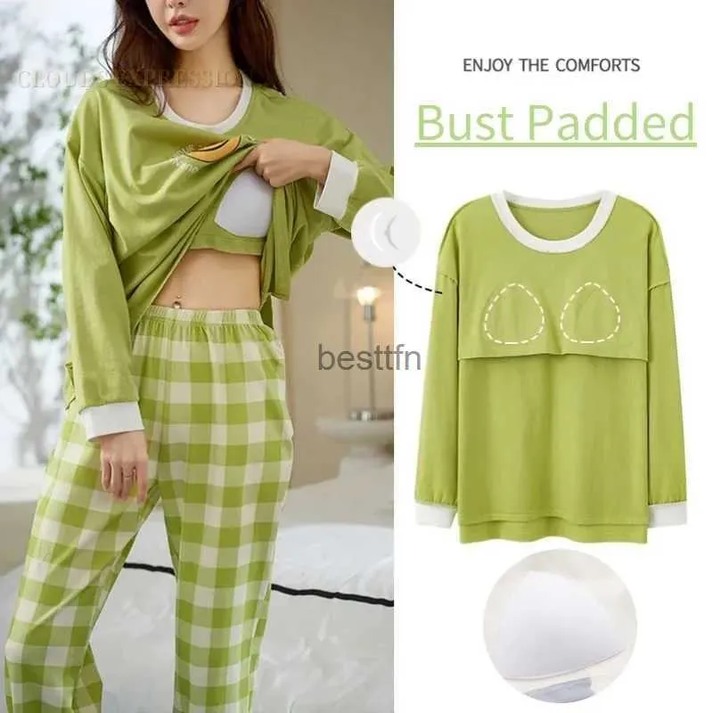 Dames Slaap Lounge Lente Herfst Gebreide Pyjama Sets Elegante Dames Pyjama Nachtkleding Buste Gewatteerde Loungewear Pijama Mujer Vrouwelijke Nachtkleding HomewearL231005