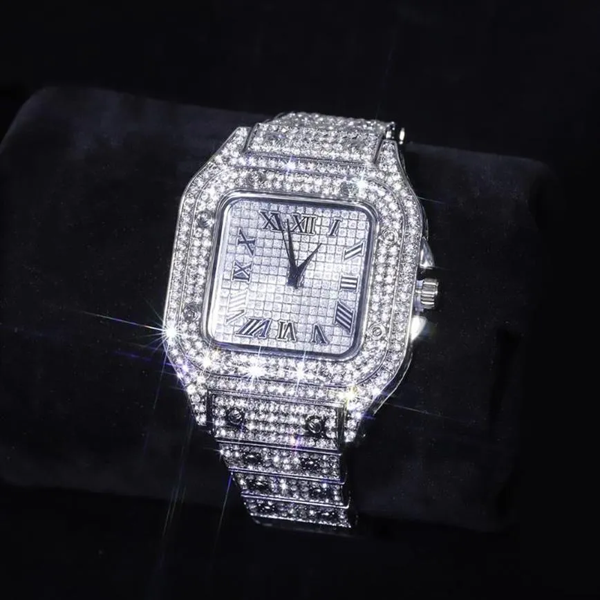 Montres-bracelets Hip Hop Iced Out Hommes Montre Carré Diamant Quartz De Luxe Hommes Montres Or Calendrier Romain En Acier Horloge Relogio Ma261f