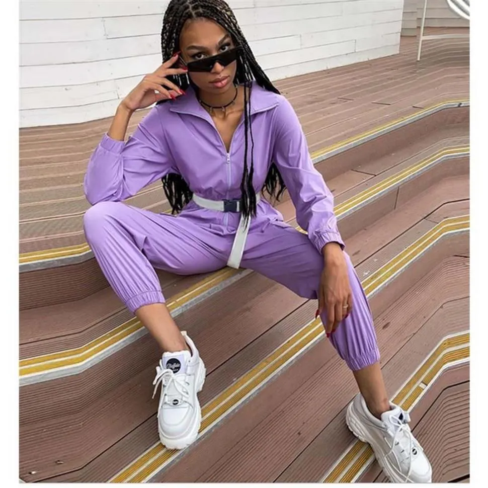 Women's Jumpsuits & Rompers Fashion Women Zipper Stand Collar Big Pocket  Loose Belt Casual Cargo Overalls Purple Playsuits Tr343A