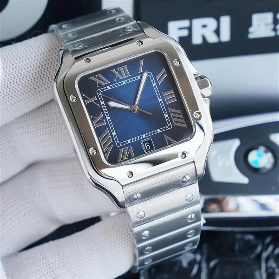 Męskie srebrne obudowy luksusowe zegarki mechaniczne męskie zegarek niebieska tarcza samodzielnie łącząca 40 mm kwadratowy metalowy pasek ze stali nierdzewnej Casual Watche2613