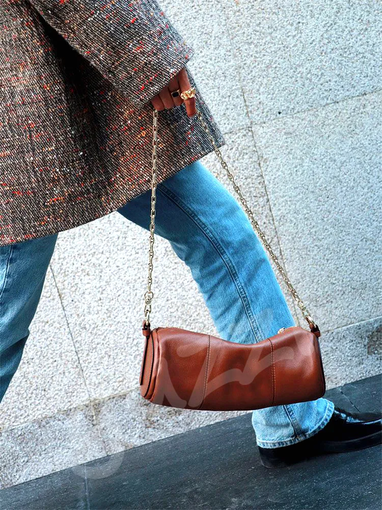 Women Real Leather Cylinder Handheld Crossbody Bag with Metal Chain Casual Shoulder Bags for Daily Outfit 2024 Summer Fashion Luxury Totes Bag