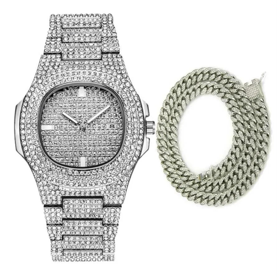 Mode hommes montres 2020 diamant montre étanche Quartz décontracté mâle horloge Hip Hop glacé 18K or collier bijoux 298G
