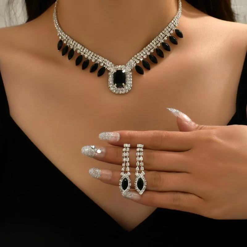 Collana orecchini set gioielli di moda da donna abito da cena di lusso da sposa nero tesoro regalo con pietra preziosa blu