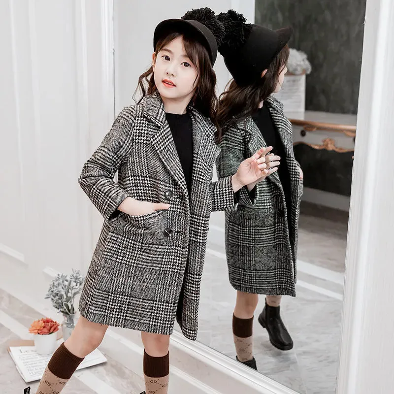 Houndstooth Wool Winter Toddler Girl Winter Coats For Girls